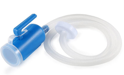 Blue urinal with clear hose on a white background

