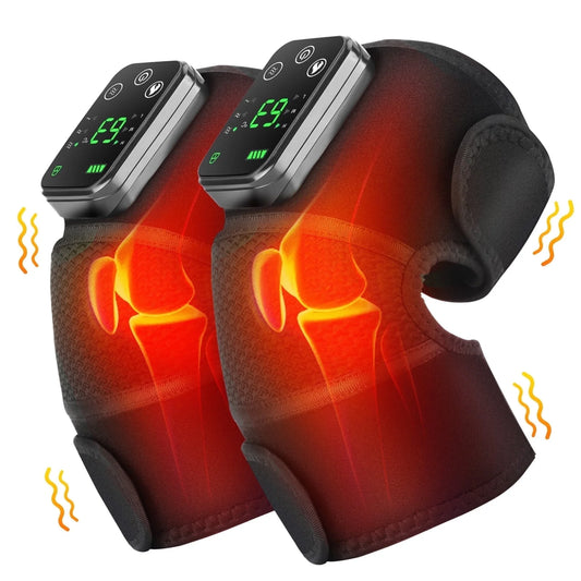 Heated knee supports with digital displays on a white background

