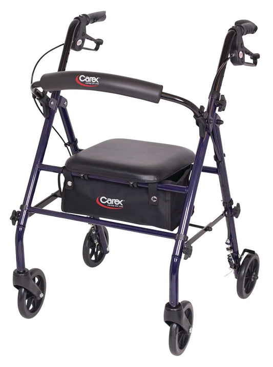 Navy blue walker with a seat and Carex logo on a white background

