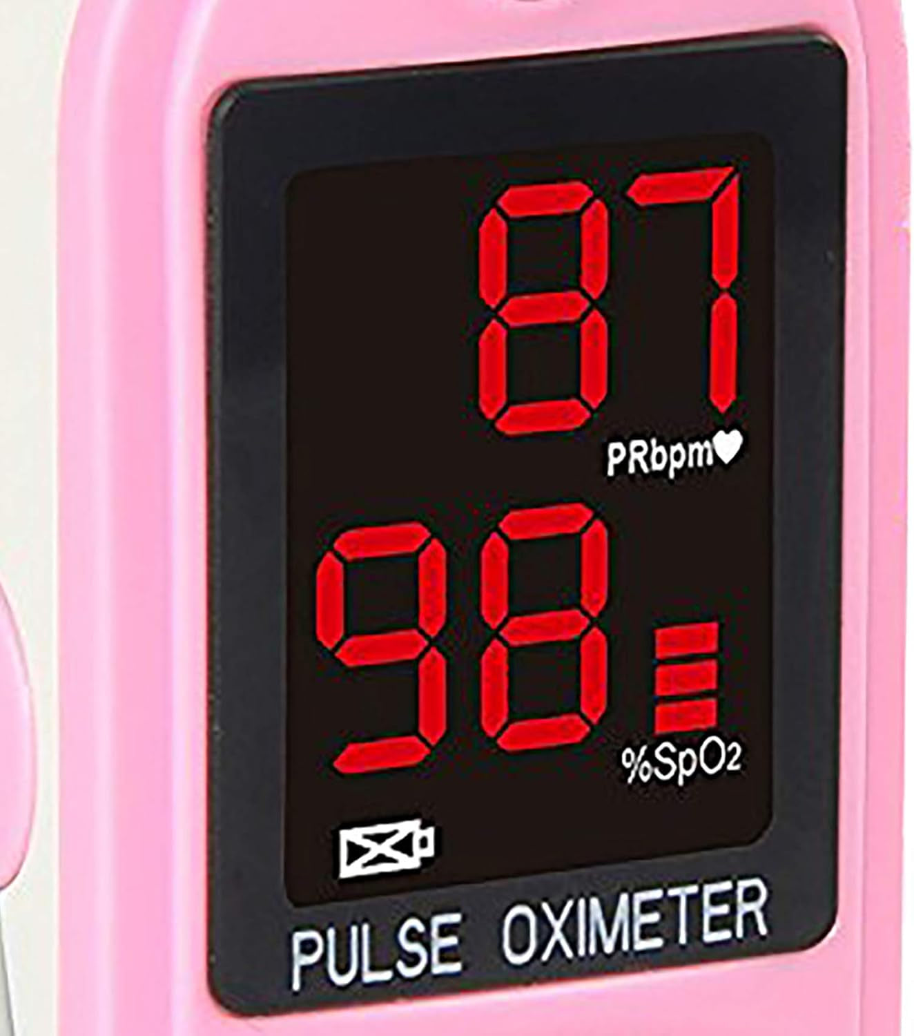 Pink pulse oximeter with digital display showing heart rate and oxygen saturation levels.

