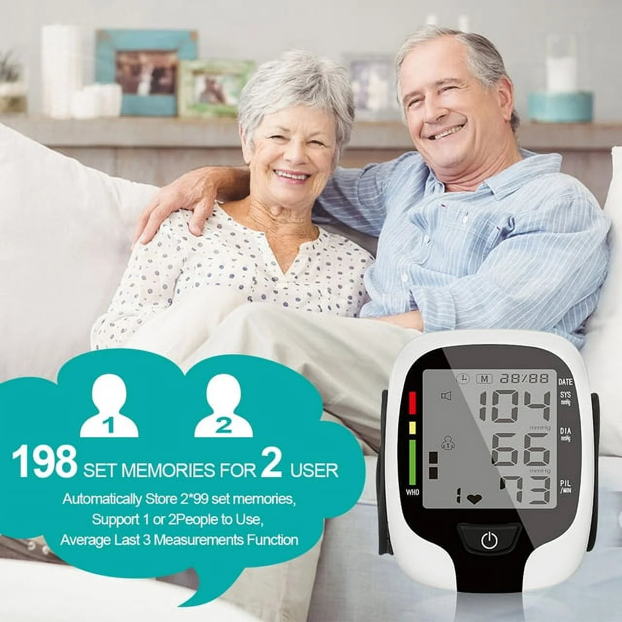 Couple sitting on a couch with a blood pressure monitor in front of them, displaying health information.

