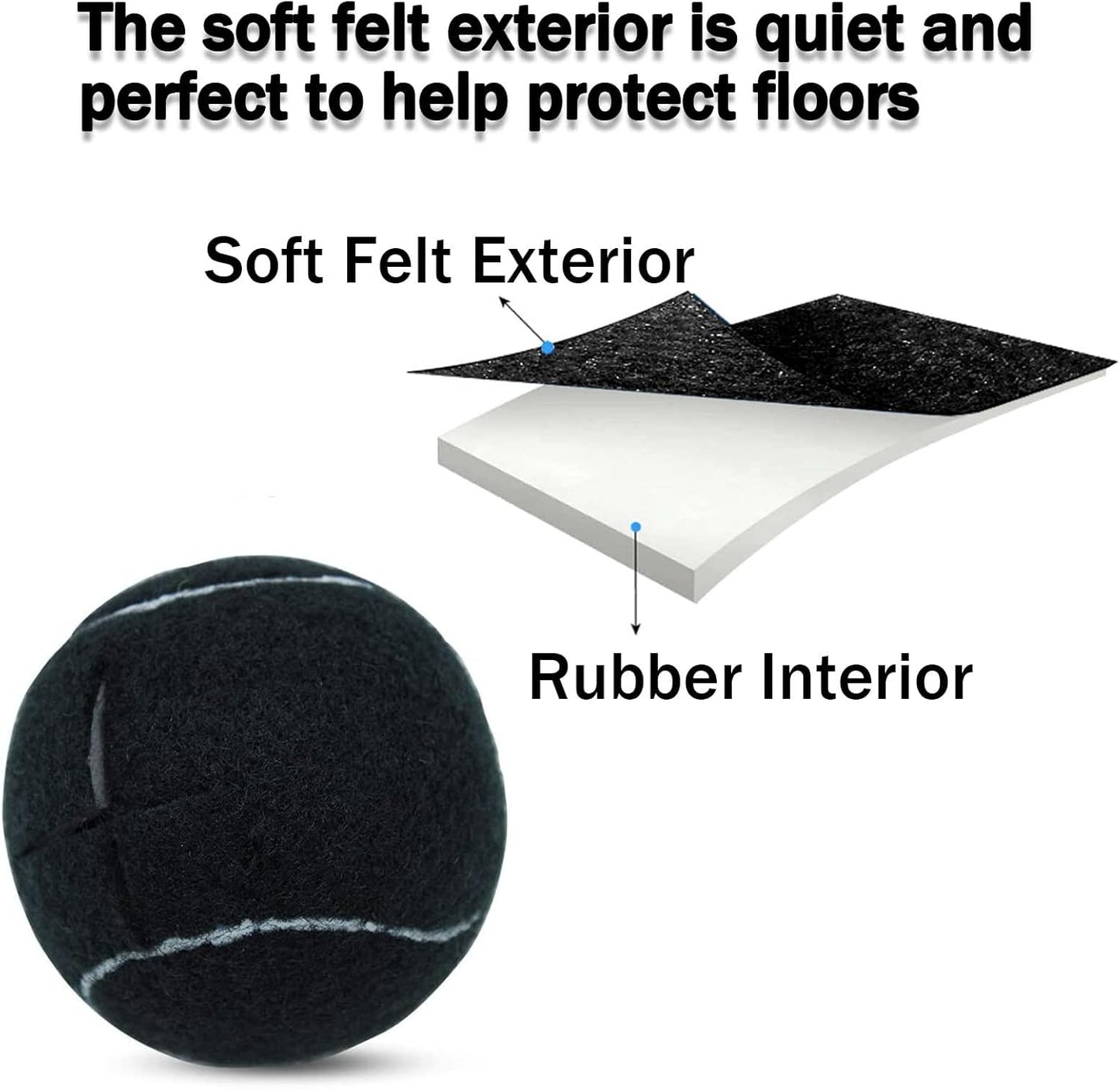 Black dog toy with soft felt exterior and rubber interior, showing cross-section diagram.