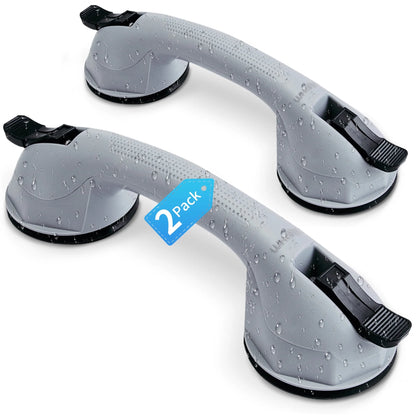 Two gray suction cup handles with black clips on a white background, labeled as a 2-pack.
