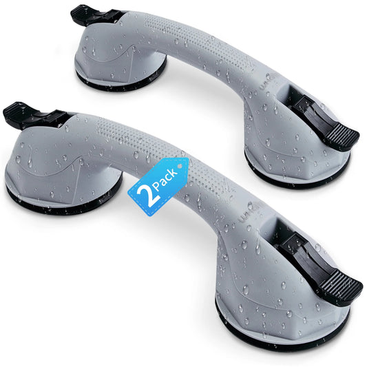 Two gray suction cup handles with black clips on a white background, labeled as a 2-pack.