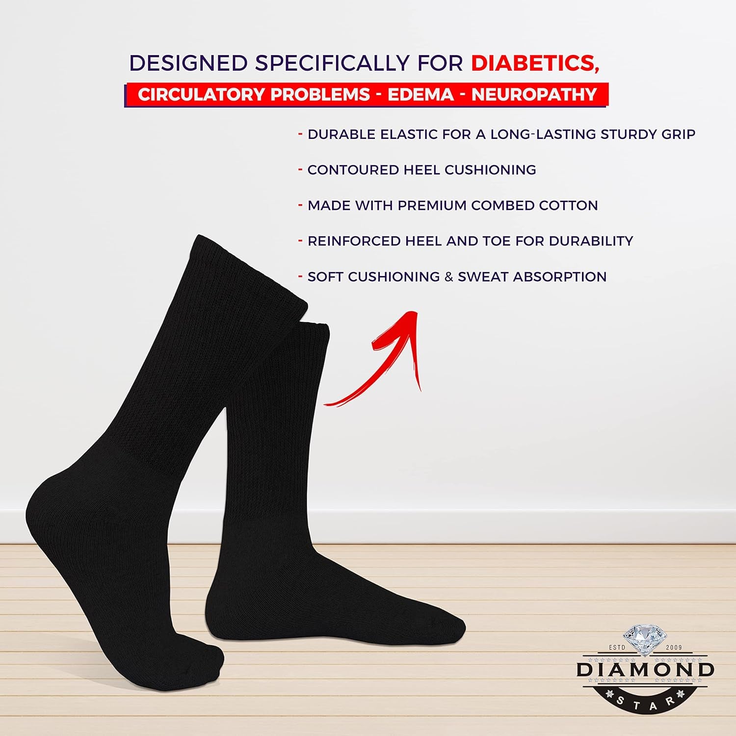 Black diabetic socks with features highlighted on a white background, featuring the Diamond Star brand.