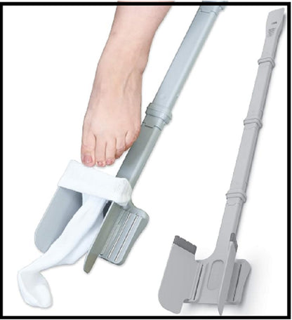 Foot care tool with a foot being used to demonstrate its application on a white background