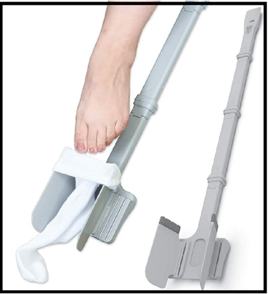 Foot care tool with a foot being used to demonstrate its application on a white background