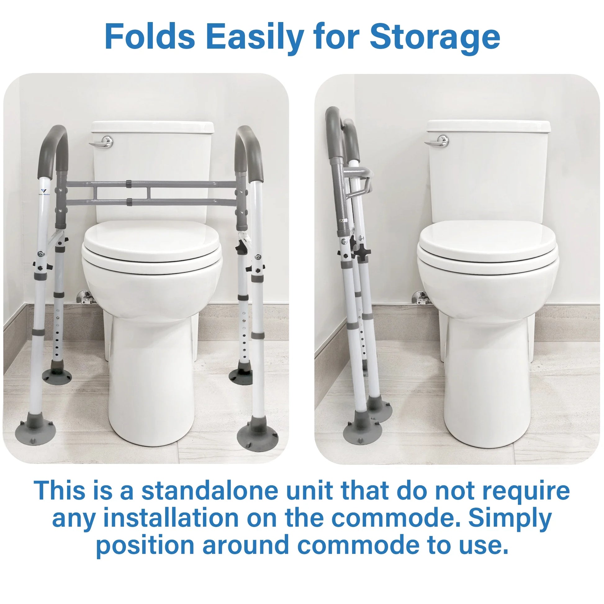 Vaunn toilet safety rails packaging with product features for mobility support and home health care.