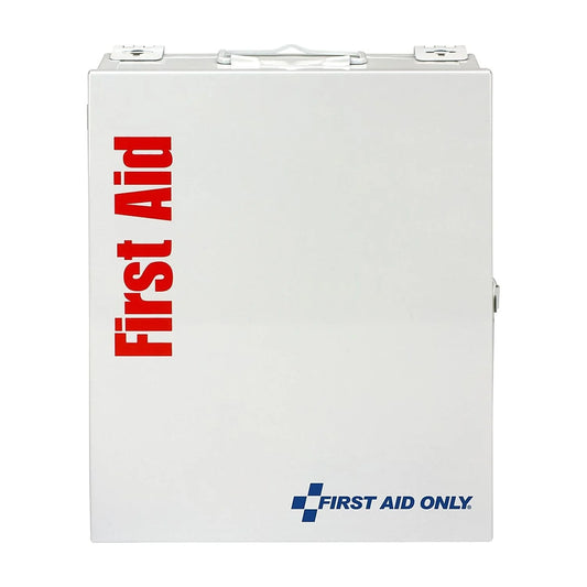 White first aid cabinet with 'First Aid Only' logo on a white background

