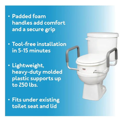 Carex toilet seat with handles installed on elongated toilet. Designed for seniors, caregivers, and mobility support.