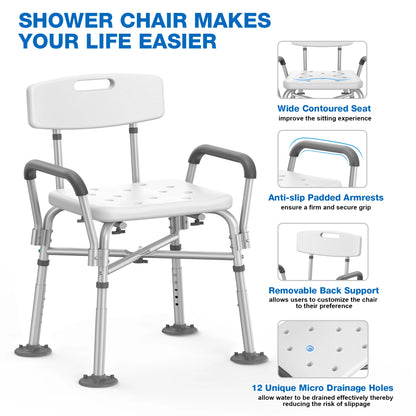 Shower chair with features highlighted on a white background

