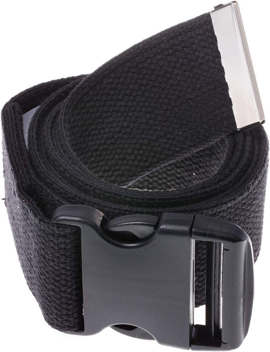 Black belt with a silver buckle on a white background

