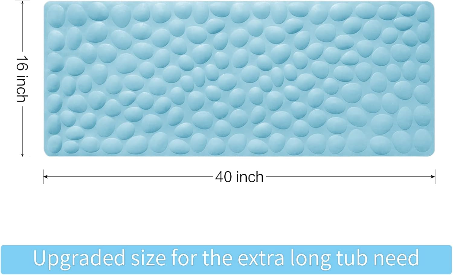 Blue textured bath mat with dimensions and text on a white background