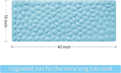 Blue textured bath mat with dimensions and text on a white background