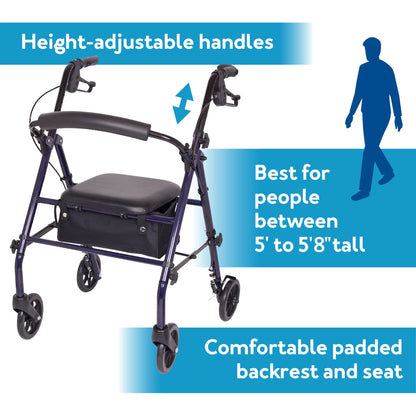 Rollator with height-adjustable handles and comfortable backrest on a white background

