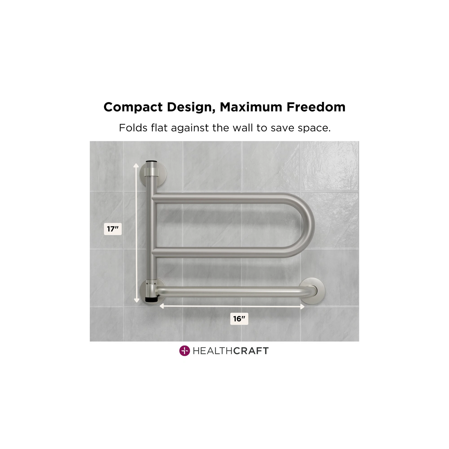 Metal grab bar on a tiled wall with 'Healthcraft' branding, labeled dimensions, and text about compact design.