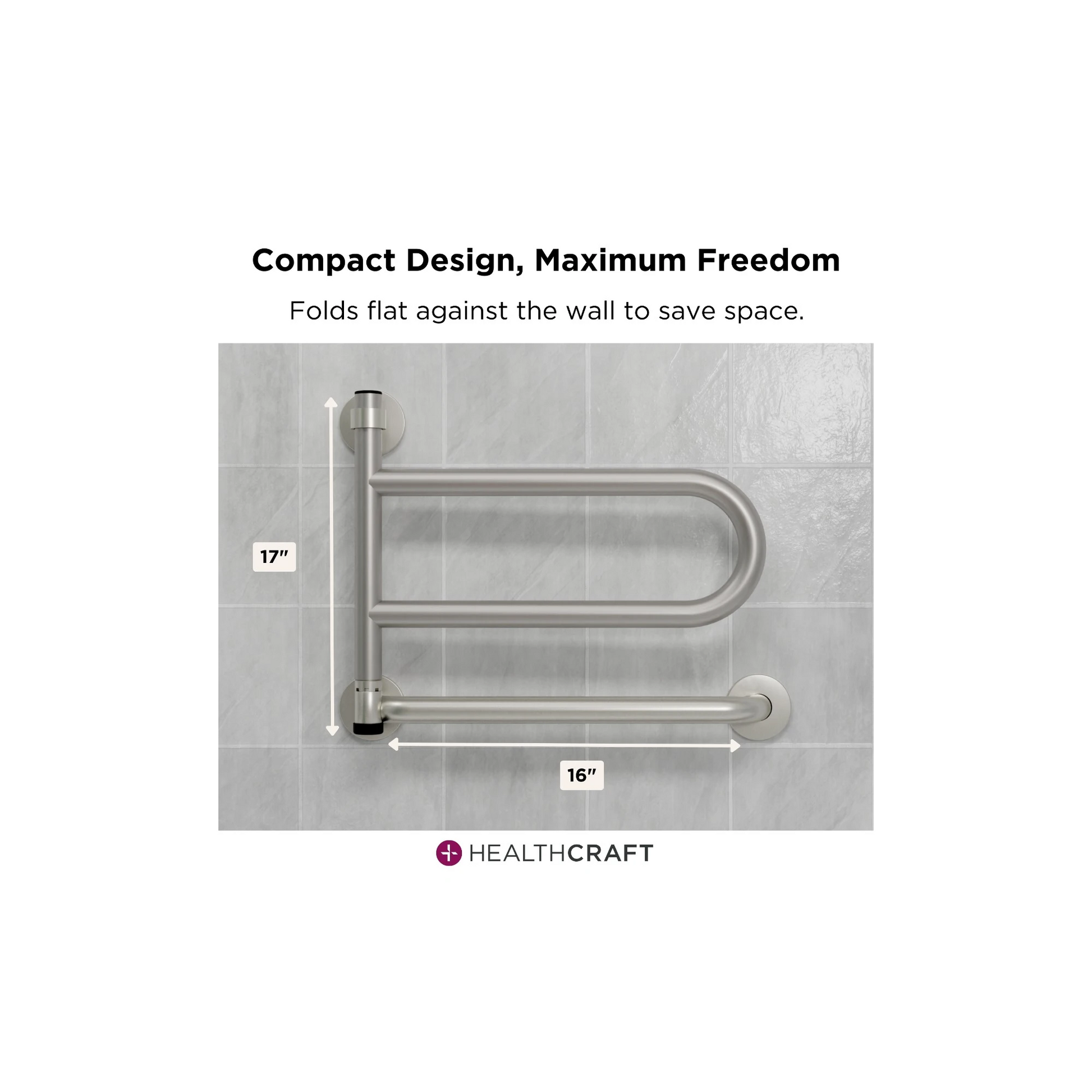 Metal grab bar on a tiled wall with 'Healthcraft' branding, labeled dimensions, and text about compact design.