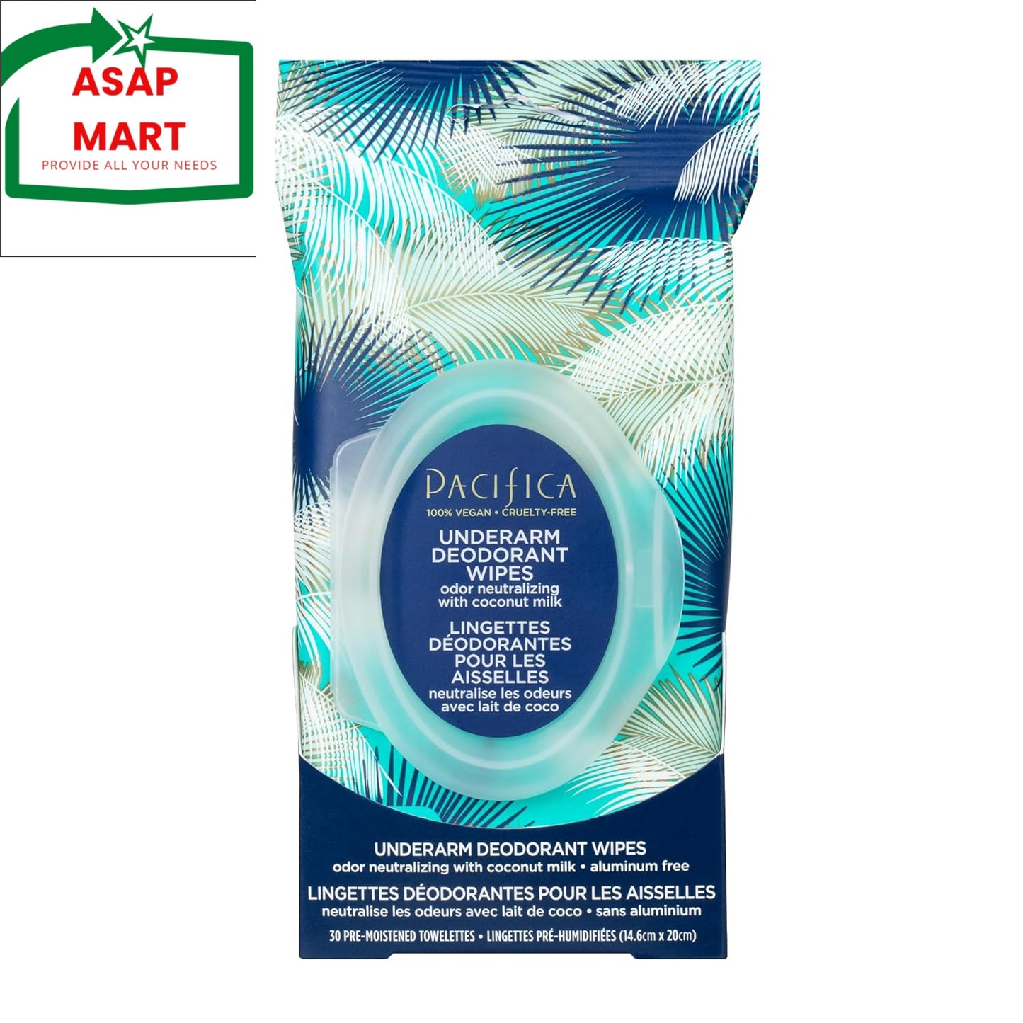 Pacifica underarm deodorant wipes packaging with palm leaf design on a white background, featuring ASAP Mart logo.