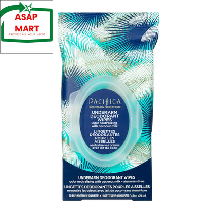 Pacifica underarm deodorant wipes packaging with palm leaf design on a white background, featuring ASAP Mart logo.