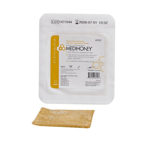 Medihoney wound dressing package with a strip of honey on a white background

