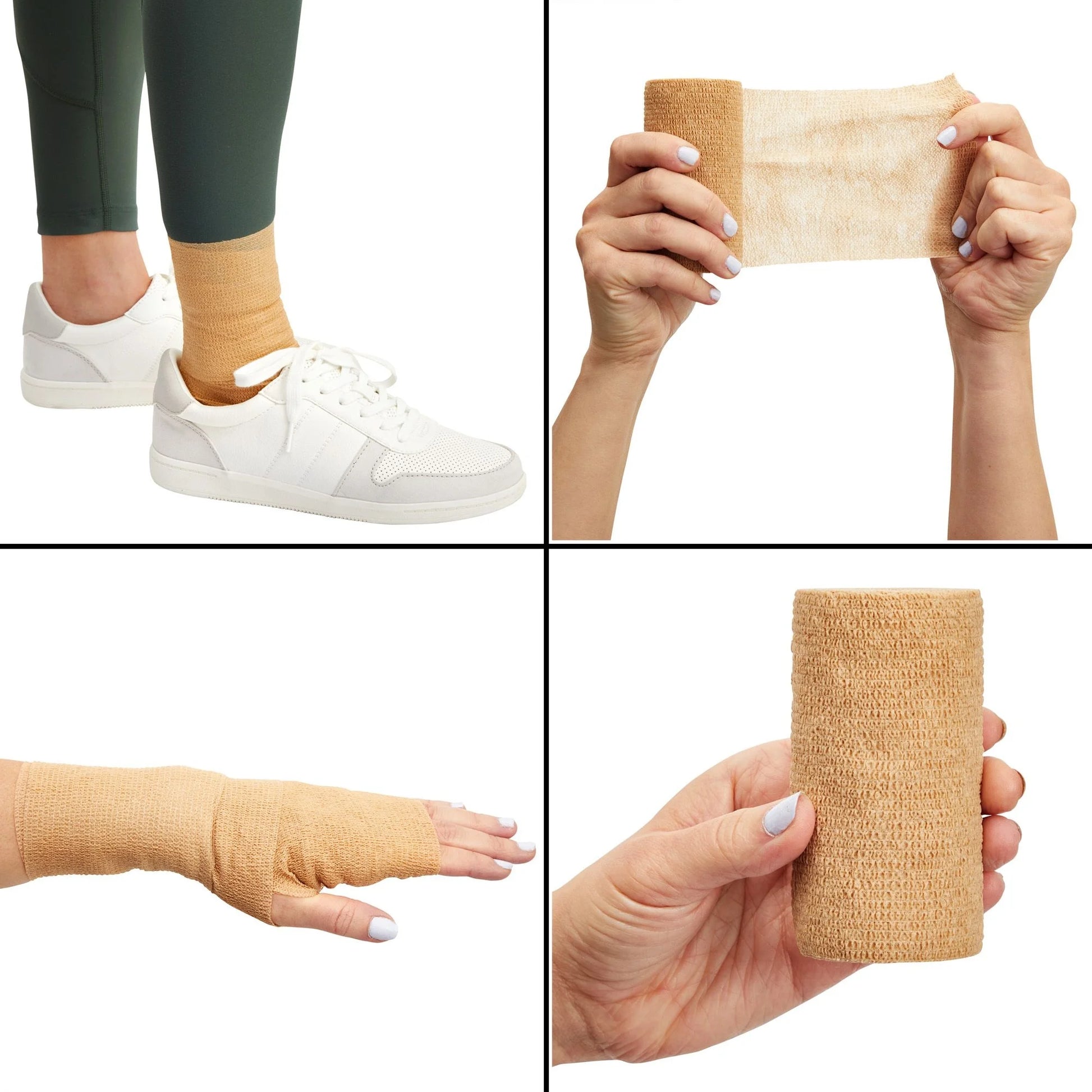 Collage of a person wearing white sneakers, holding a beige wristband, and showing a close-up of the wristband.

