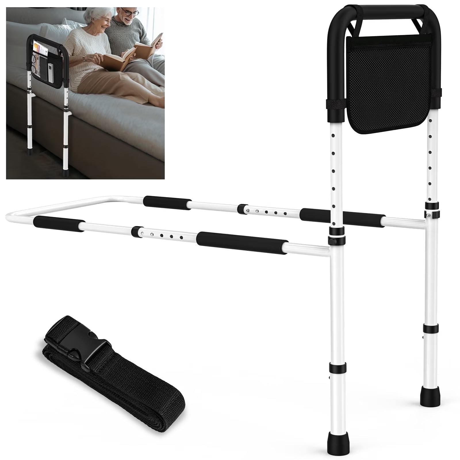 Bedside safety rail with a strap, inset showing its use on a bed.