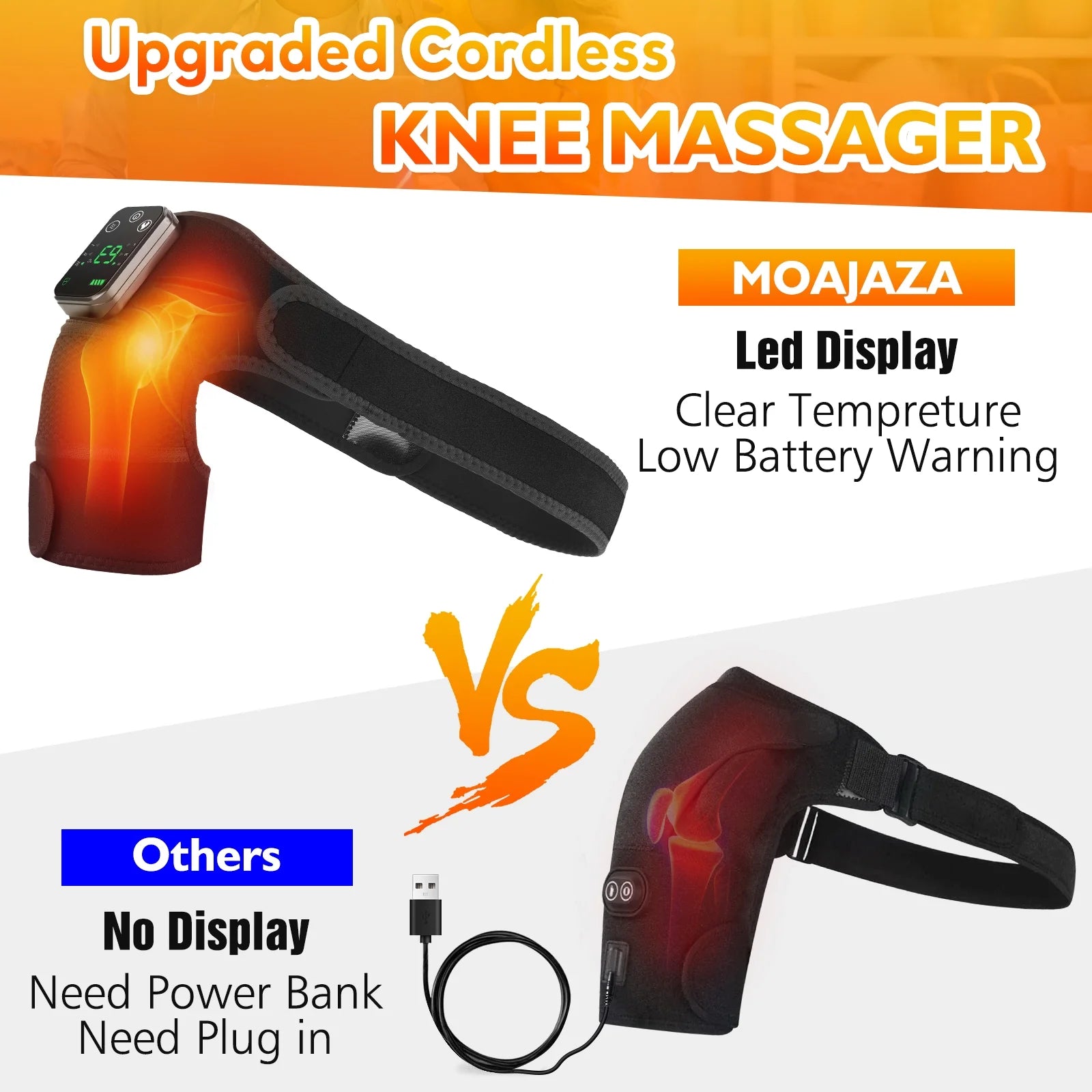 Upgraded cordless knee massager with LED display and power bank compatibility on a white background

