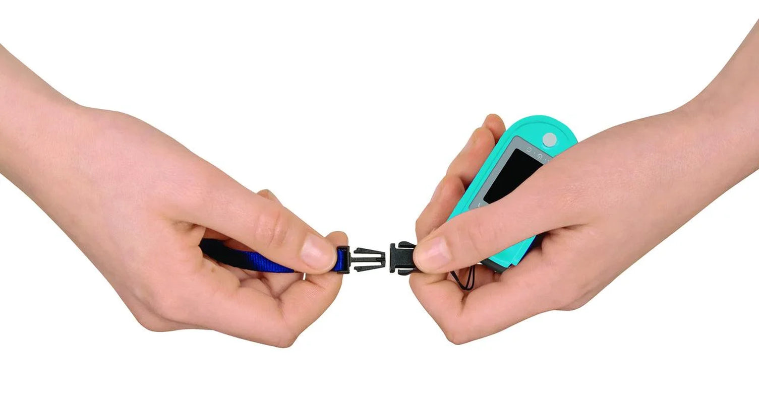Two hands holding a small electronic device with a blue and black component on a white background

