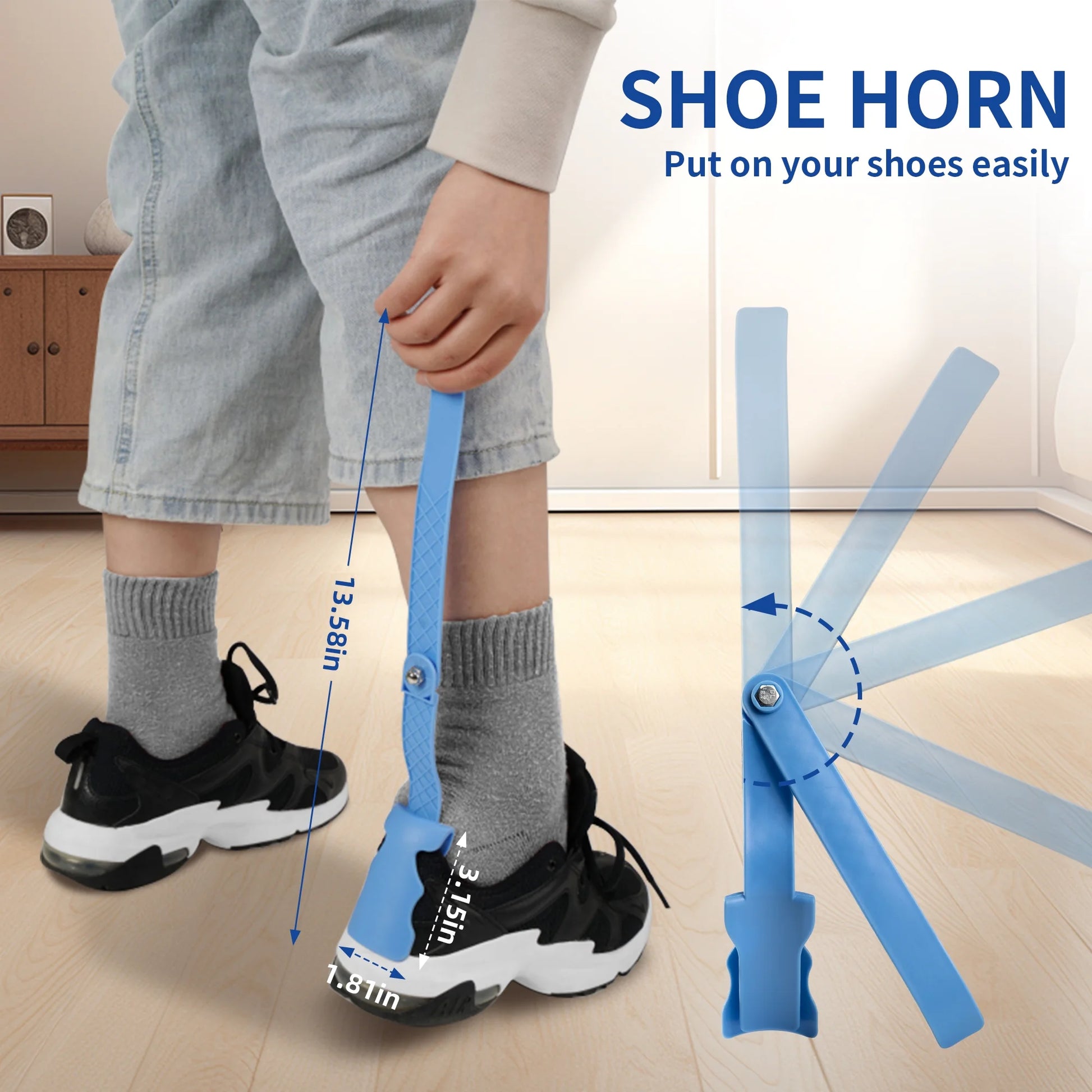 Blue shoe horn being used by a person to put on their shoes, with text indicating ease of use.
