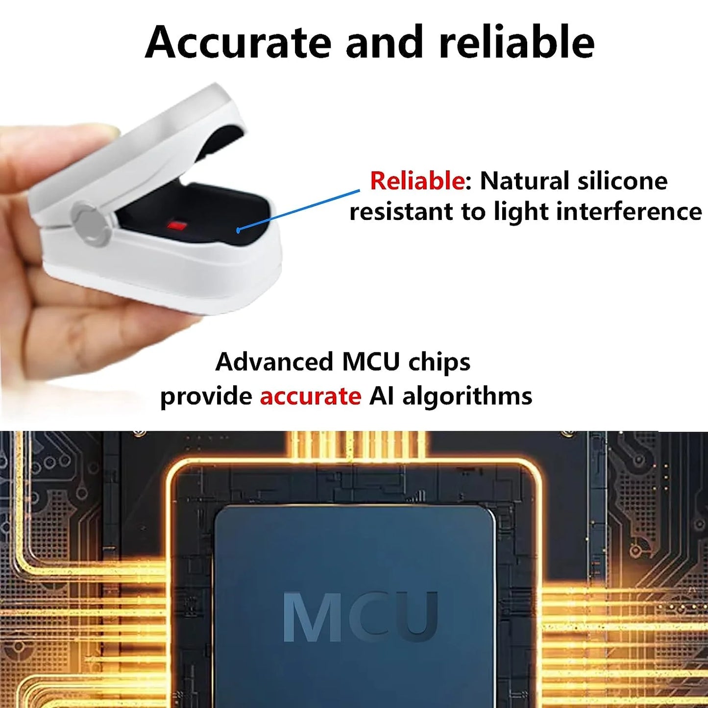 Small electronic device held by a hand with text about its reliability and advanced MCU chips.
