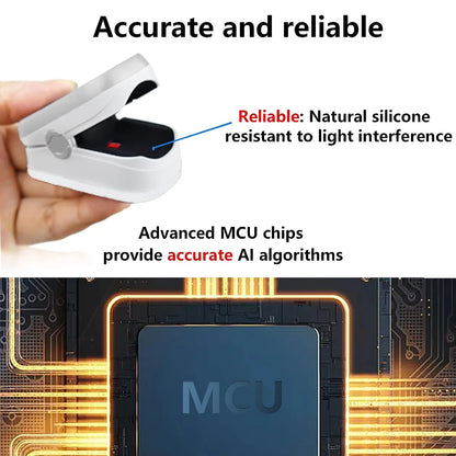 Small electronic device held by a hand with text about its reliability and advanced MCU chips.