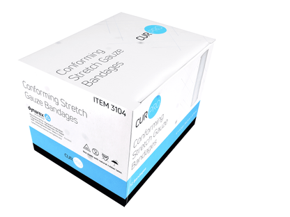Box of conforming stretch gauze bandages with CUR branding on a white background

