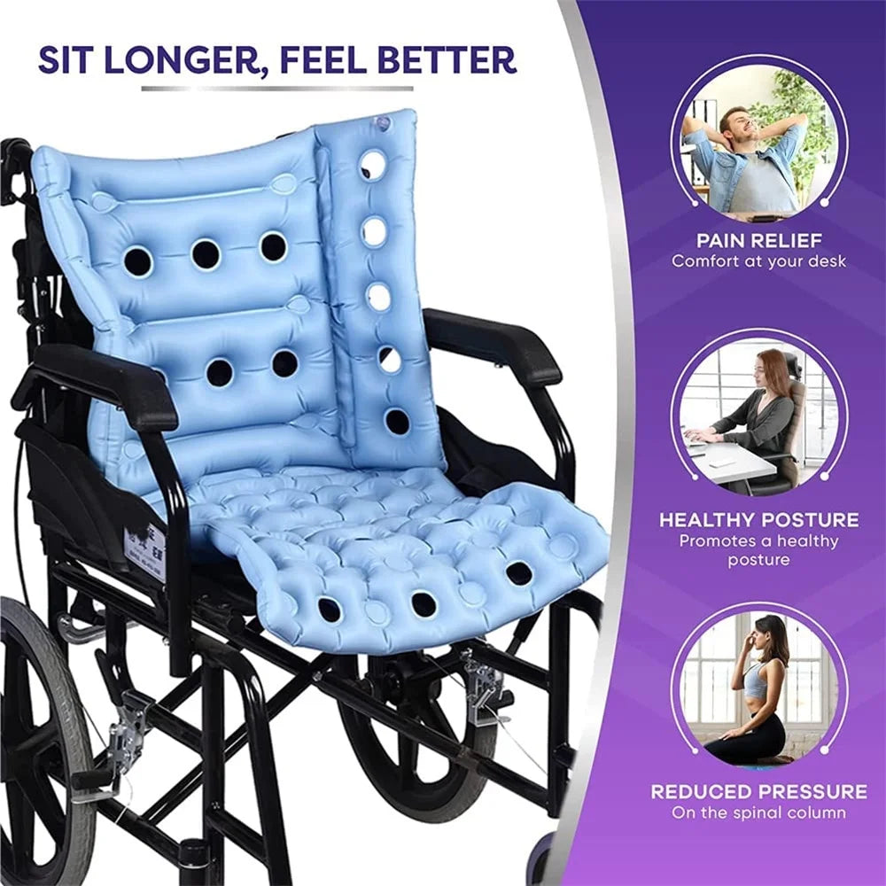 Wheelchair cushion with text highlighting benefits on a purple background

