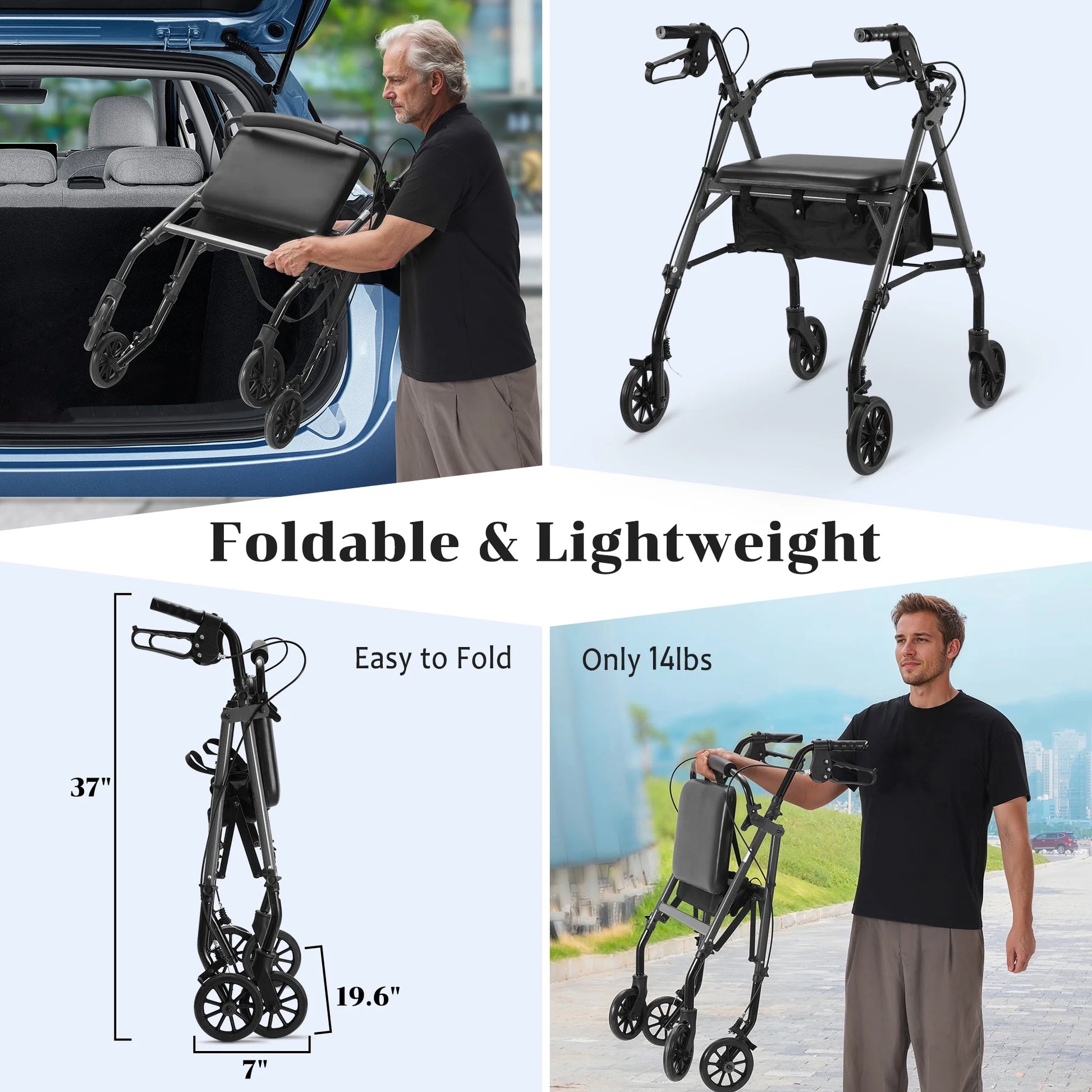 Foldable and lightweight walker with features highlighted on a white background

