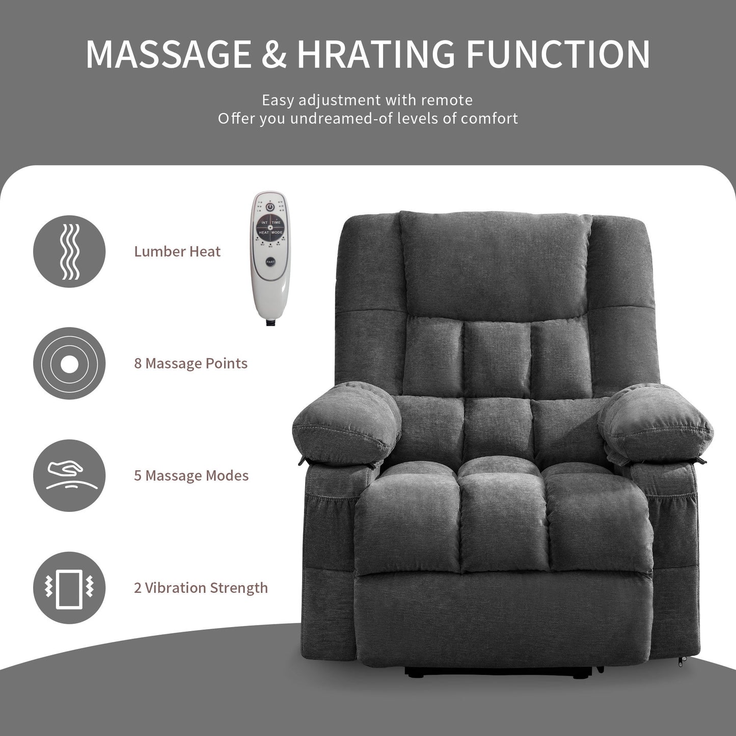 JONPONY Grey Lift Recliner with Heat, Massage & USB Port Gray