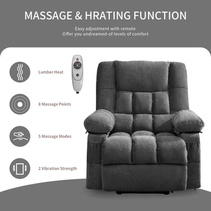 JONPONY Grey Lift Recliner with Heat, Massage & USB Port Gray