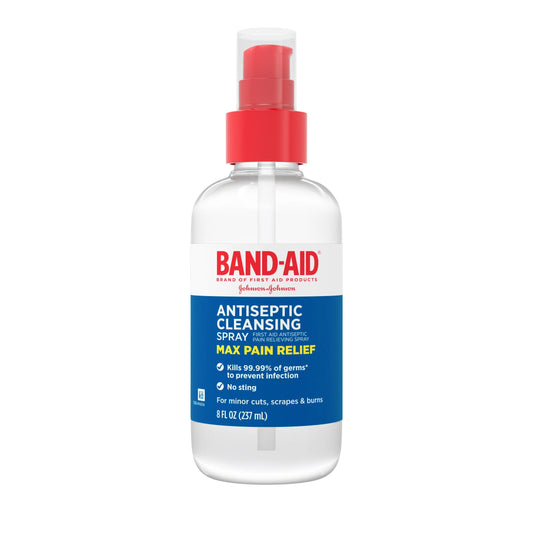 Band-Aid antiseptic cleansing spray bottle on a white background

