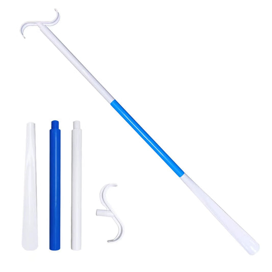 Multi-function dressing aid with long handle and built-in shoe horn. Designed for putting on socks, shoes, and clothing independently.