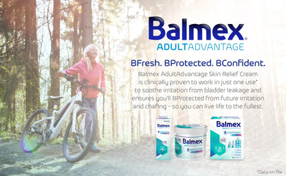 Person with a bicycle in a forest setting with Balmex Adult Advantage products displayed.

