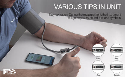 Person using a blood pressure monitor with smartphone app on a white surface, featuring Leiky branding.

