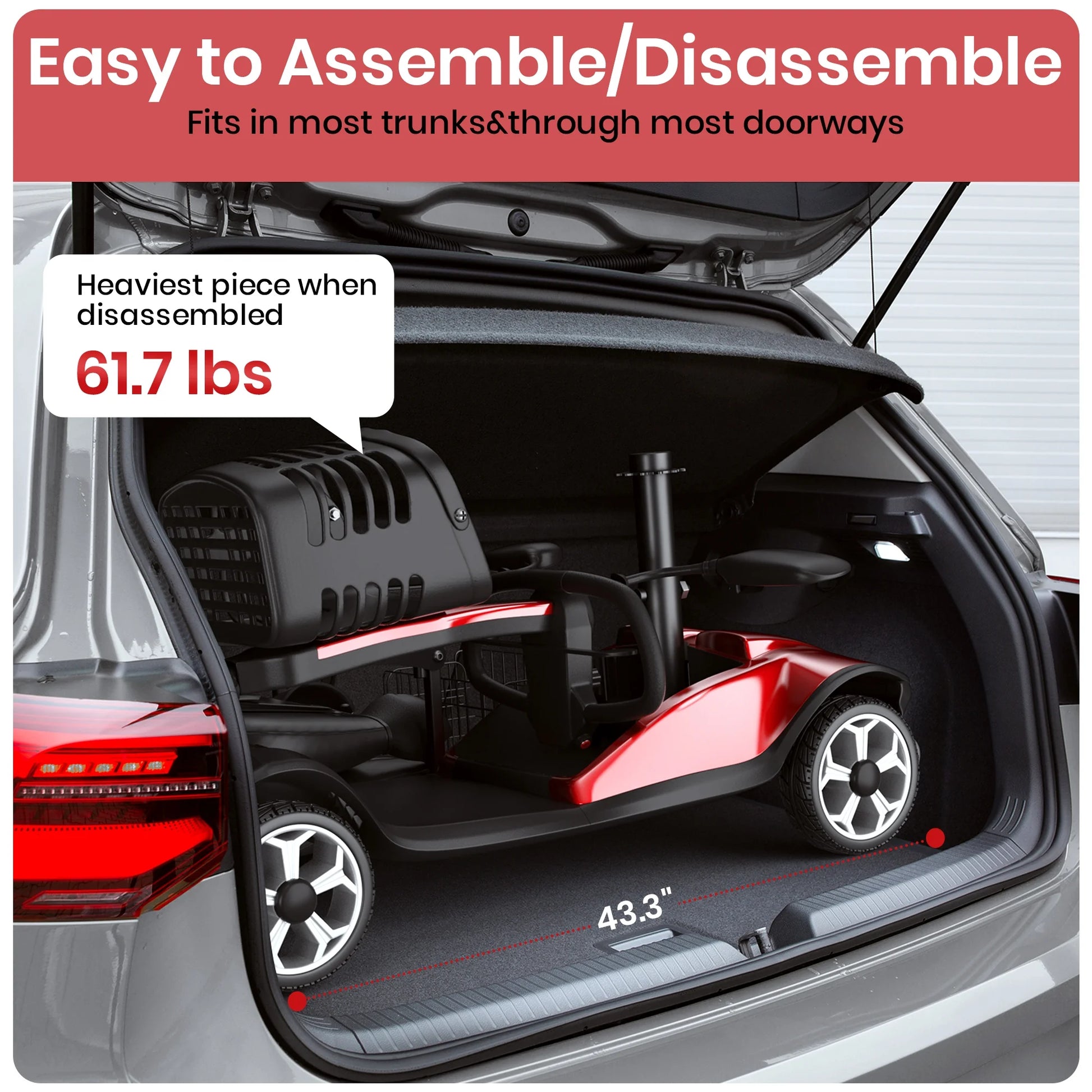 Red golf cart in a car trunk with assembly/disassembly information displayed.
