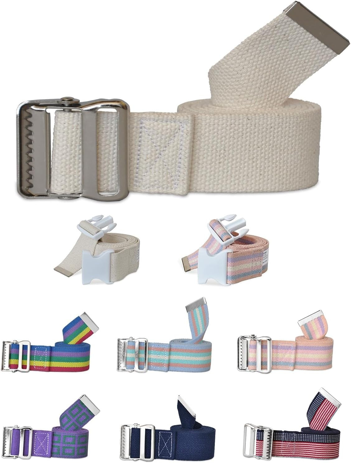 Collection of various belts with different designs and colors on a white background