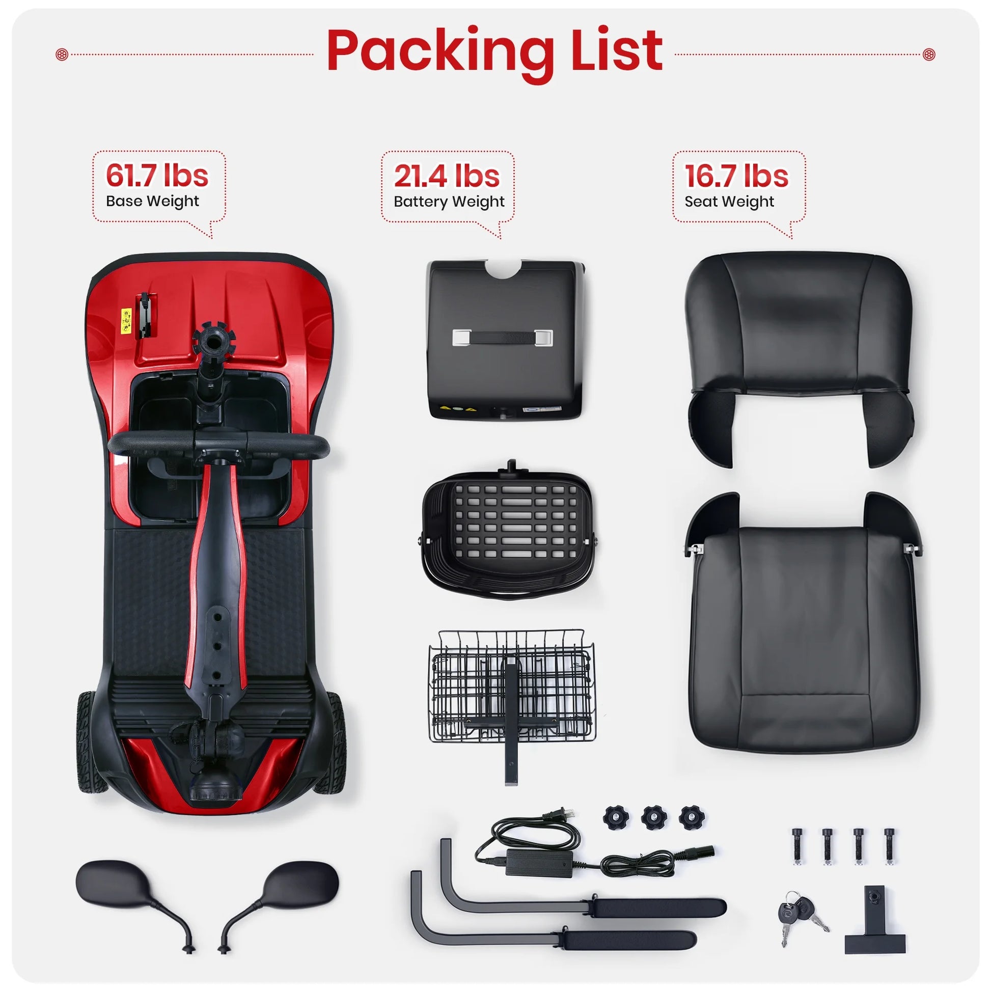Packing list of scooter components with weights displayed.