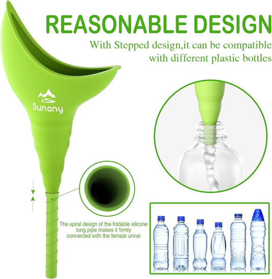 Green funnel with Sunany branding, compatible with plastic bottles, on a white background.

