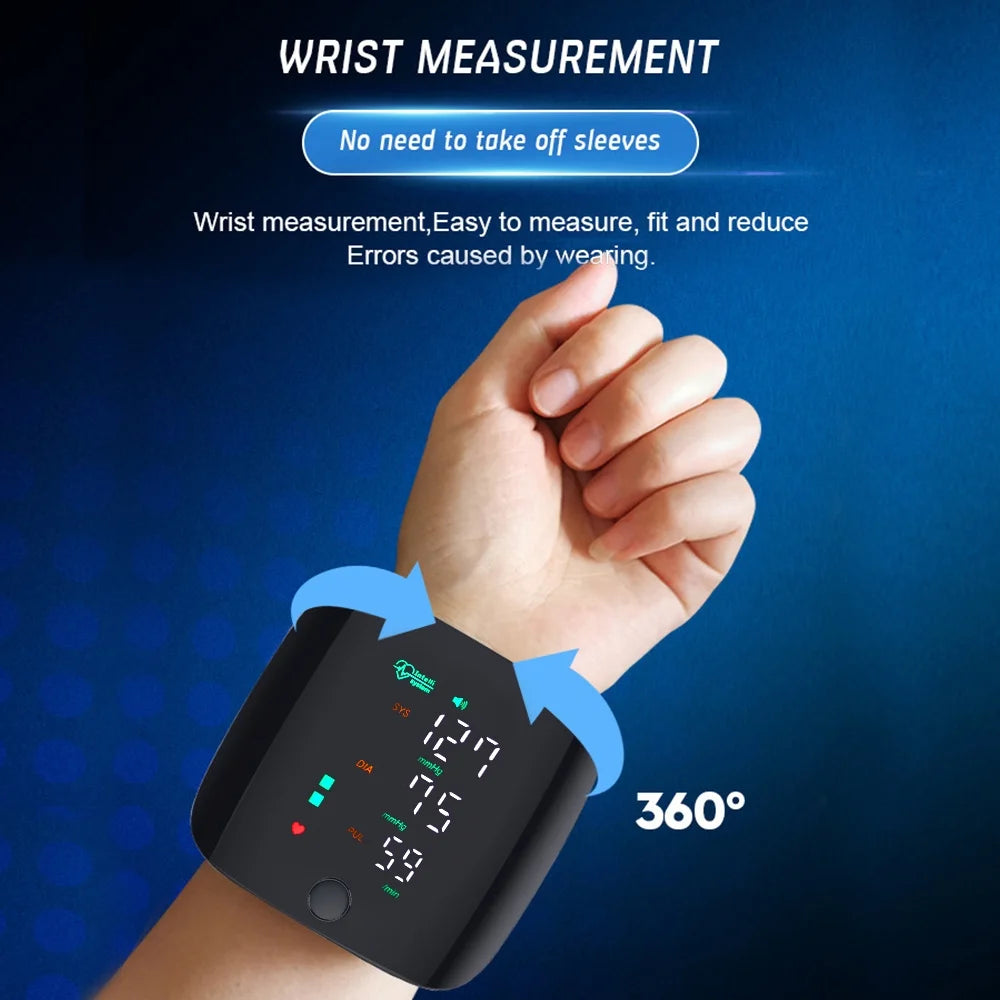 Hand wearing a digital blood pressure monitor with text on a blue background

