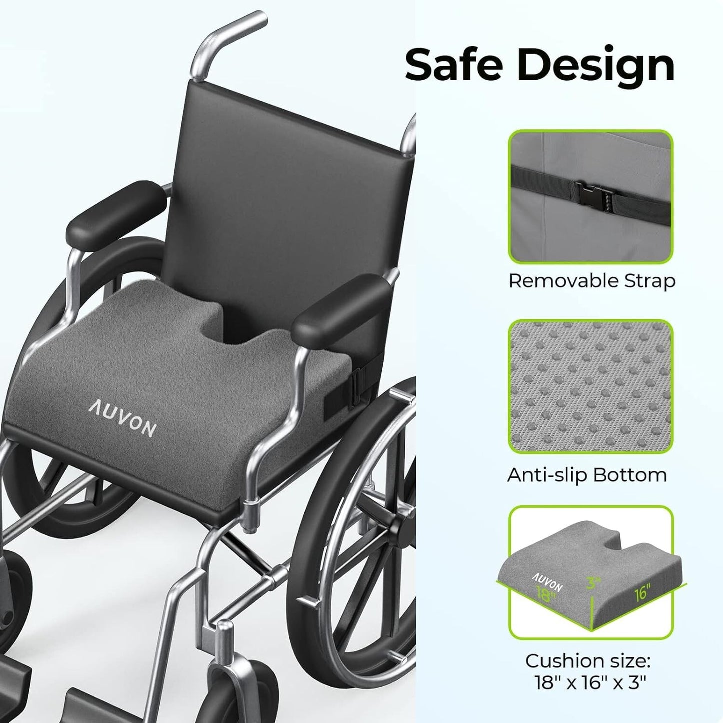Wheelchair with safety features highlighted, including a removable strap and anti-slip bottom, on a white background.


