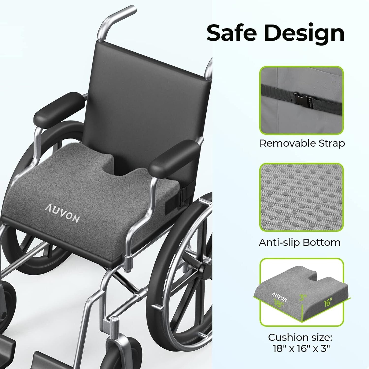 Wheelchair with safety features highlighted, including a removable strap and anti-slip bottom, on a white background.

