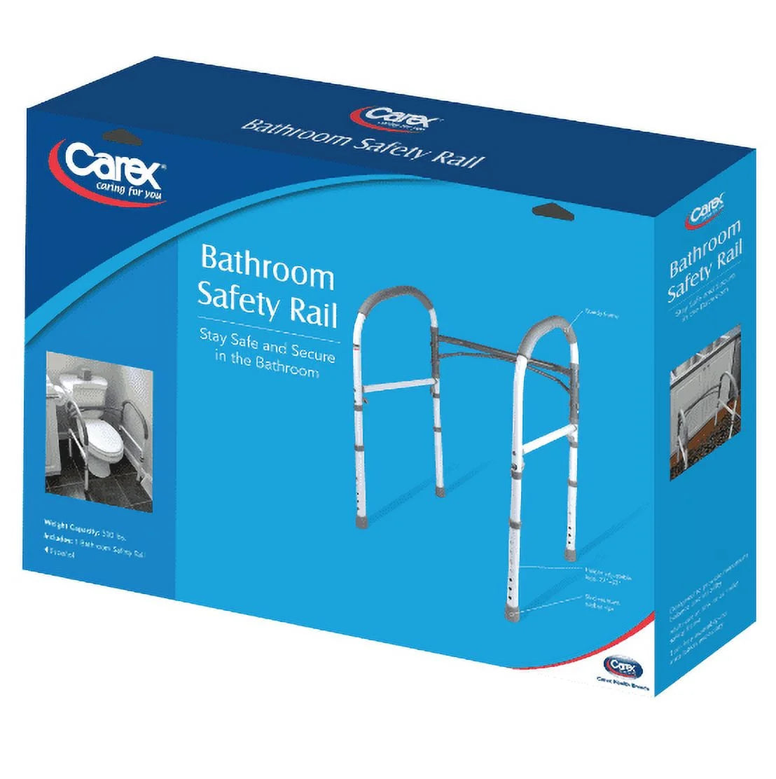Carex toilet safety rails packaging with product features including 300 lb capacity, adjustable width, and padded handles.