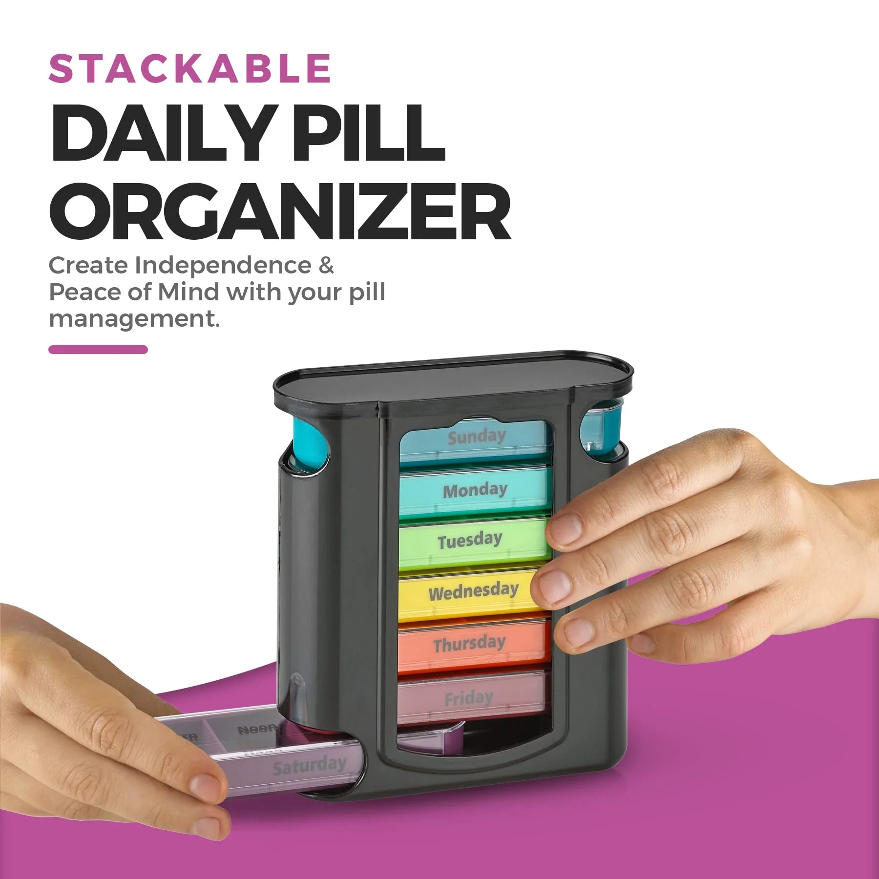 Stackable daily pill organizer with colorful days of the week labels on a white background.

