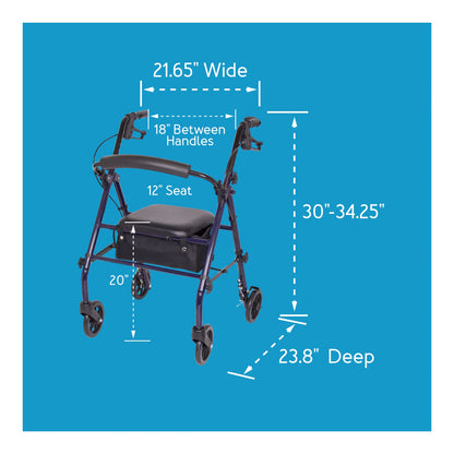 Measurement chart of a walker with dimensions on a blue background

